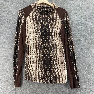 Roccobarocco Blouse Women 10 Brown Animal Print Turtleneck Long Sleeve Casual